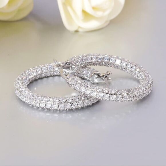 14K White Gold Sterling Silver with White Diamond Cubic Zirconia Hoop Earrings - Picture 4 of 6